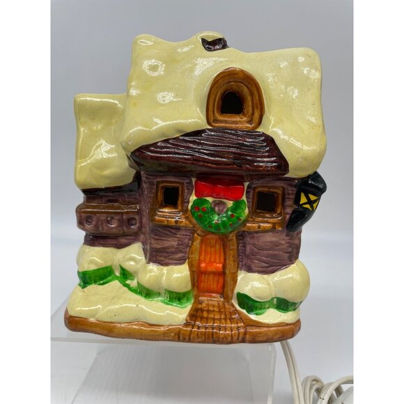 Vtg Holiday Ceramic Illuminated Cabin Snow House Hand Painted Village - Picture 3 of 15